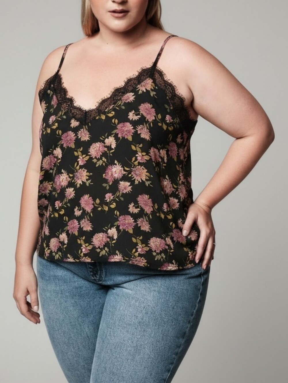 Forever 21 Black Floral Lace-Trim Camisole with Pink Flowers